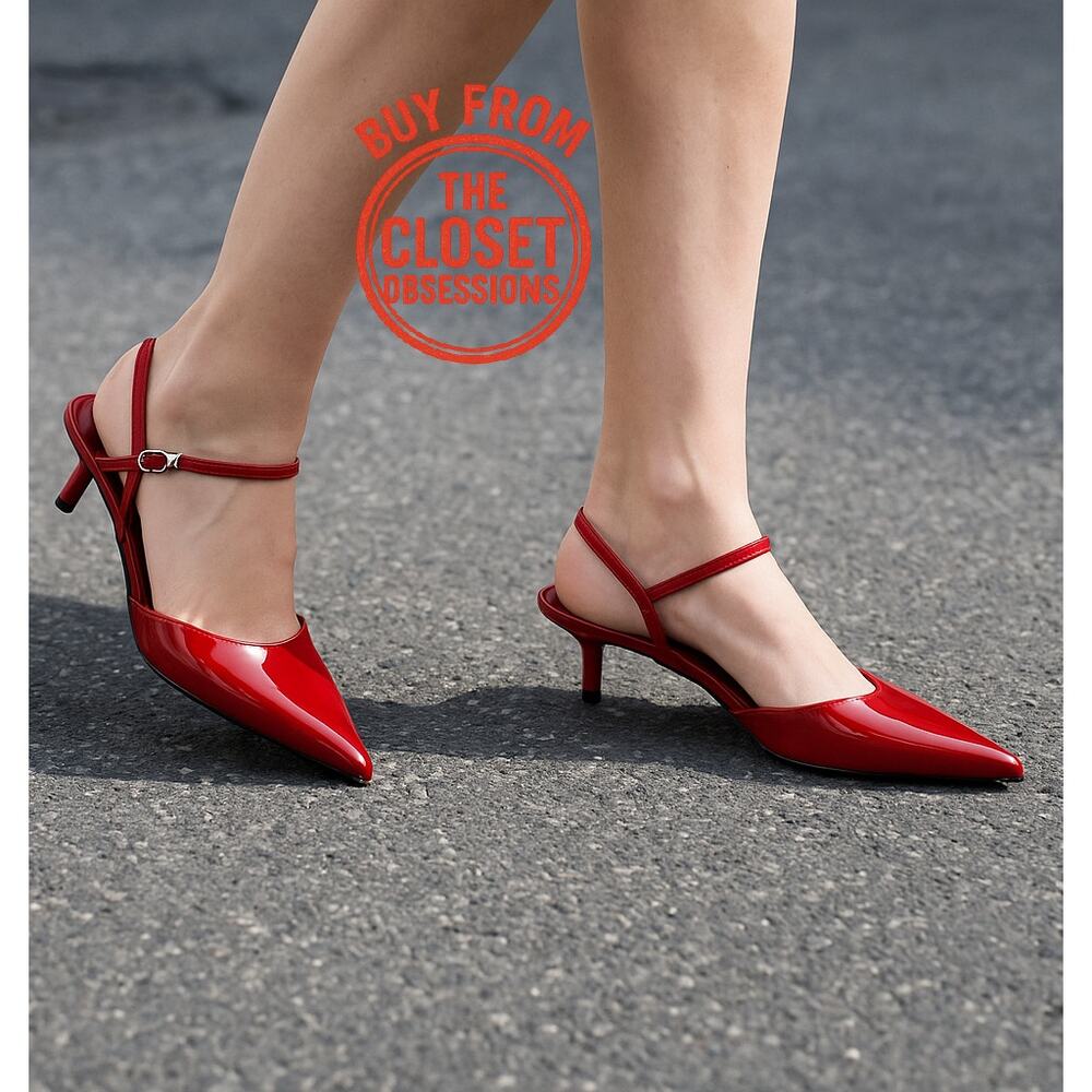 ZARA Red Patent Slingback Heels NWT – Pointed Toe Kitten Heels, Size 7.5